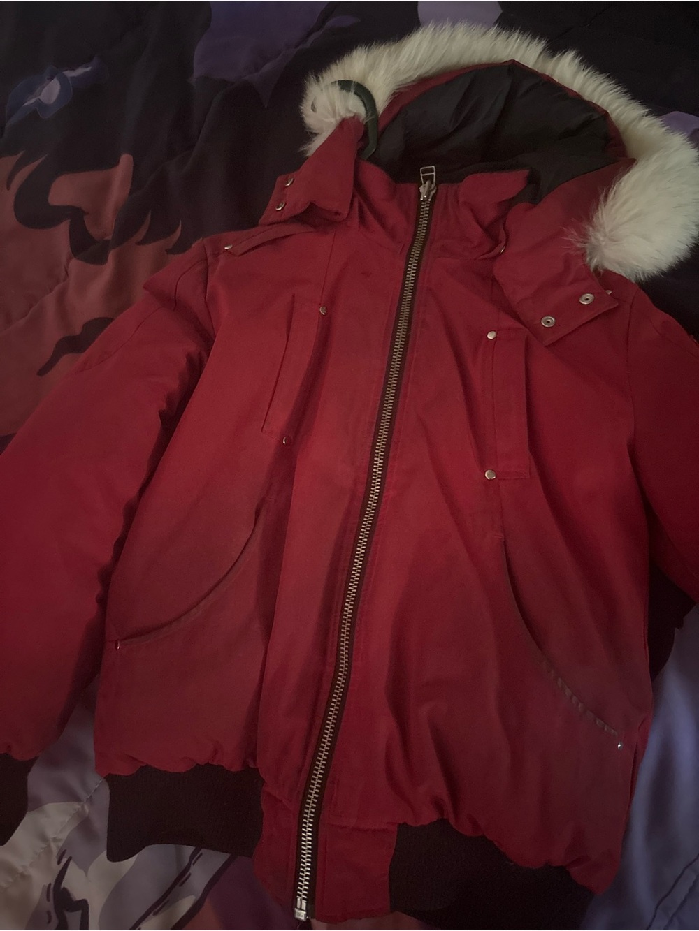 Crimson Hooded Puffer Jacket with Faux Fur Trim